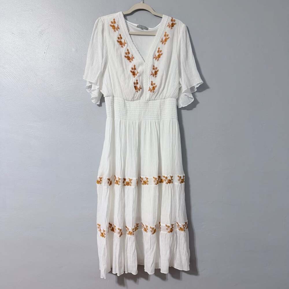 J Gee Embroidered Dress Size 2X White V-Neck Short Sleeve Maxi Boho, Cottagecore